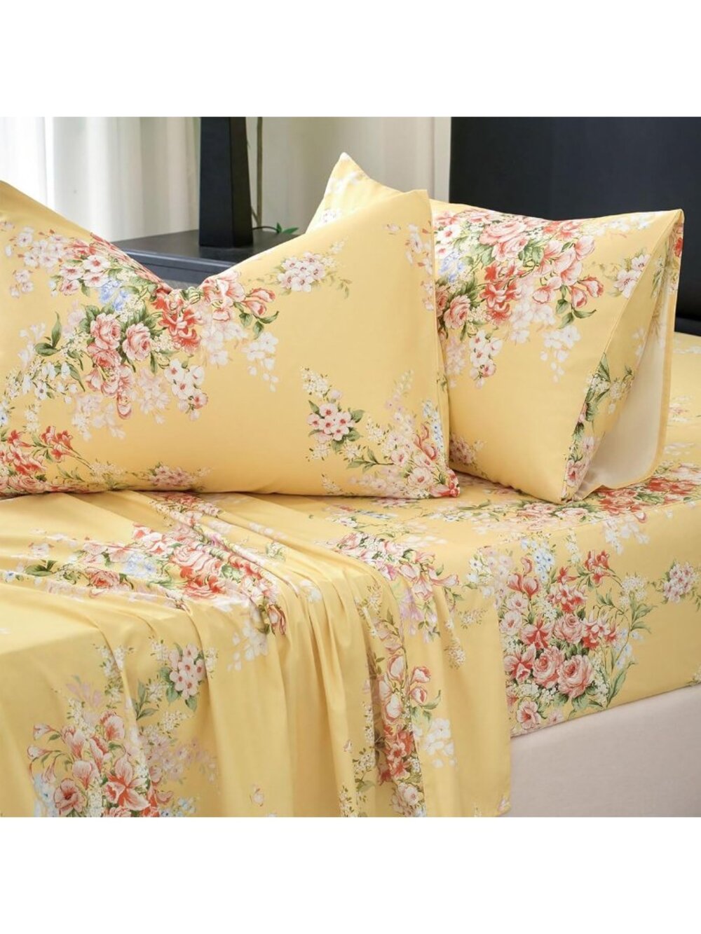 Queen Size Yellow Floral Sheet Set - 100% Cotton Percale, Soft Crisp Bedding